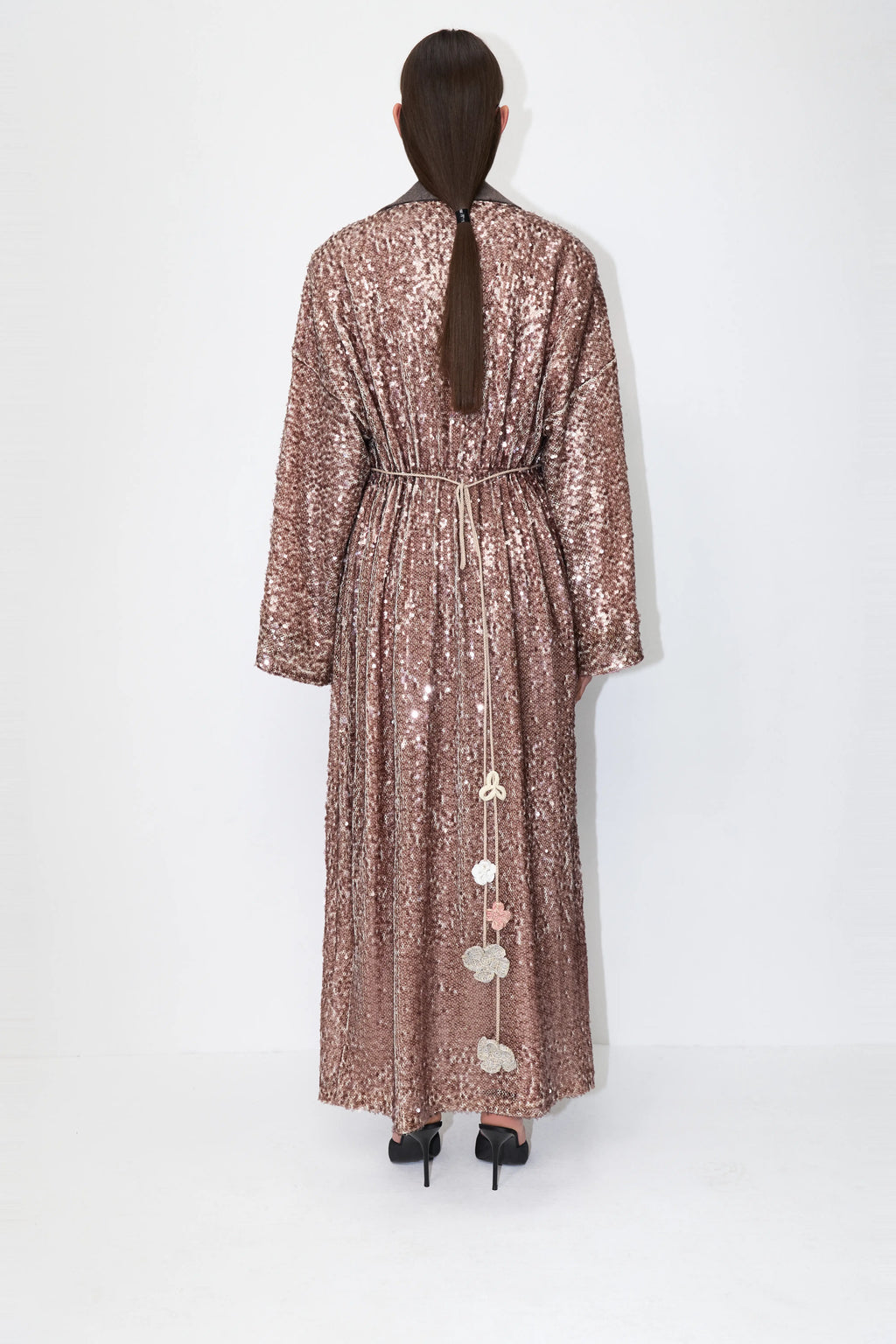 Floral-Tie Sequin Cape in Brown