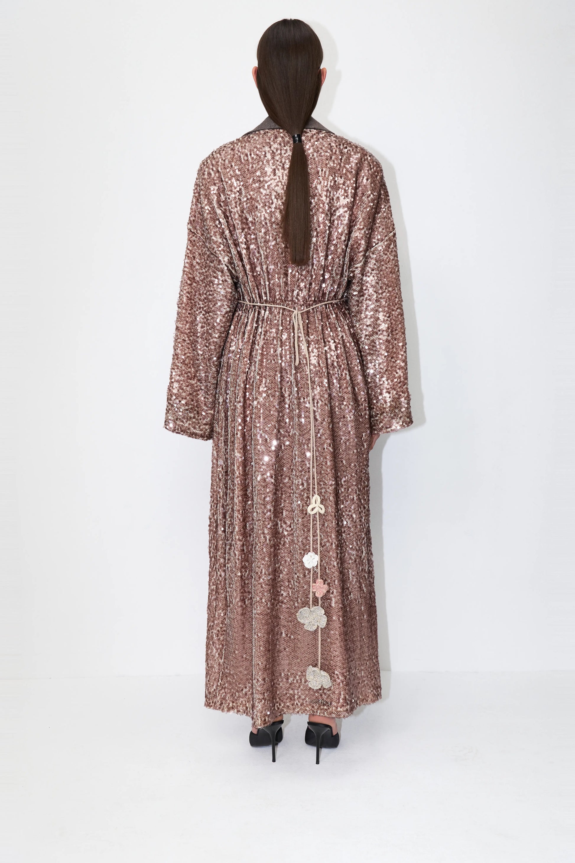 Floral-Tie Sequin Cape in Brown