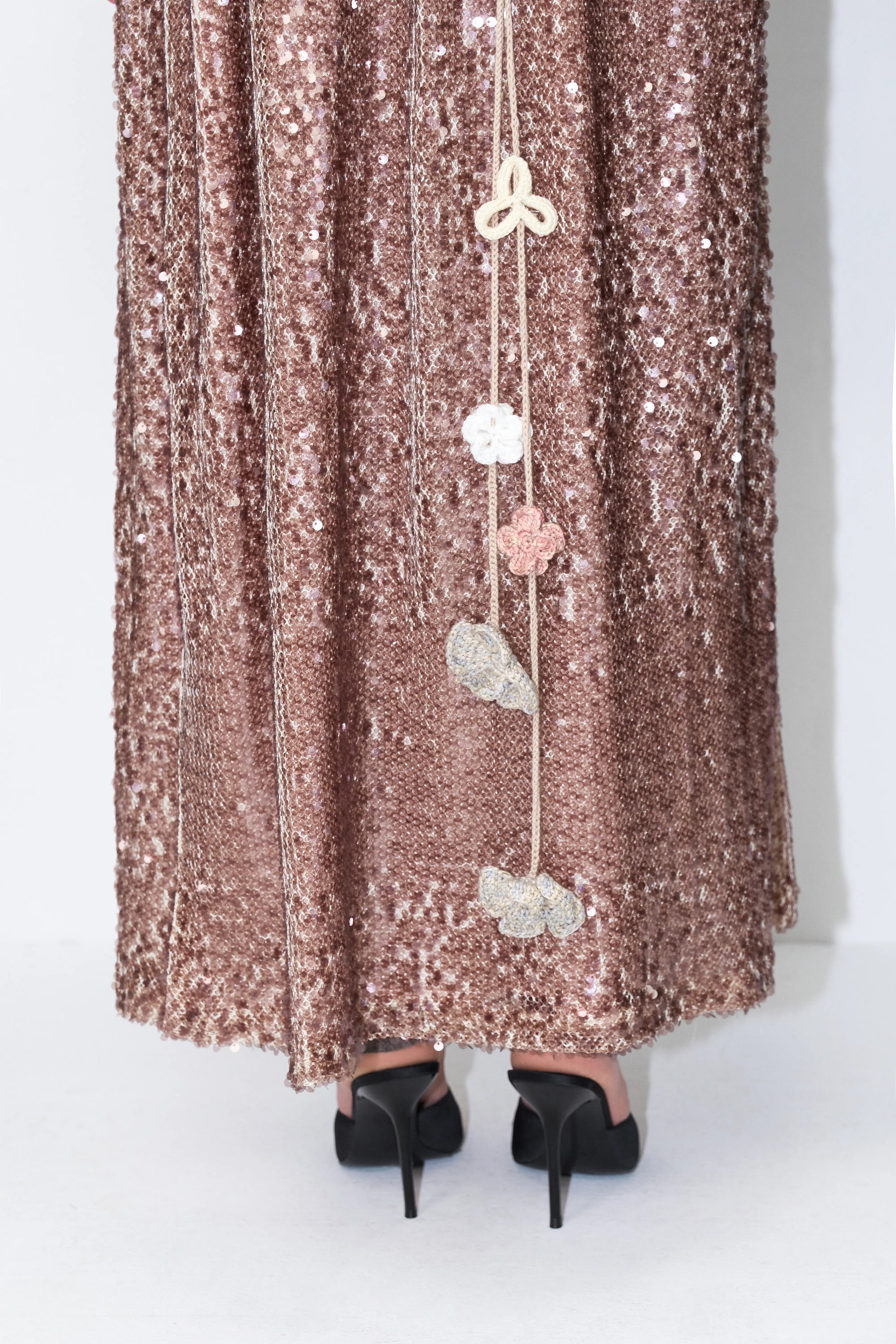 Floral-Tie Sequin Cape in Brown