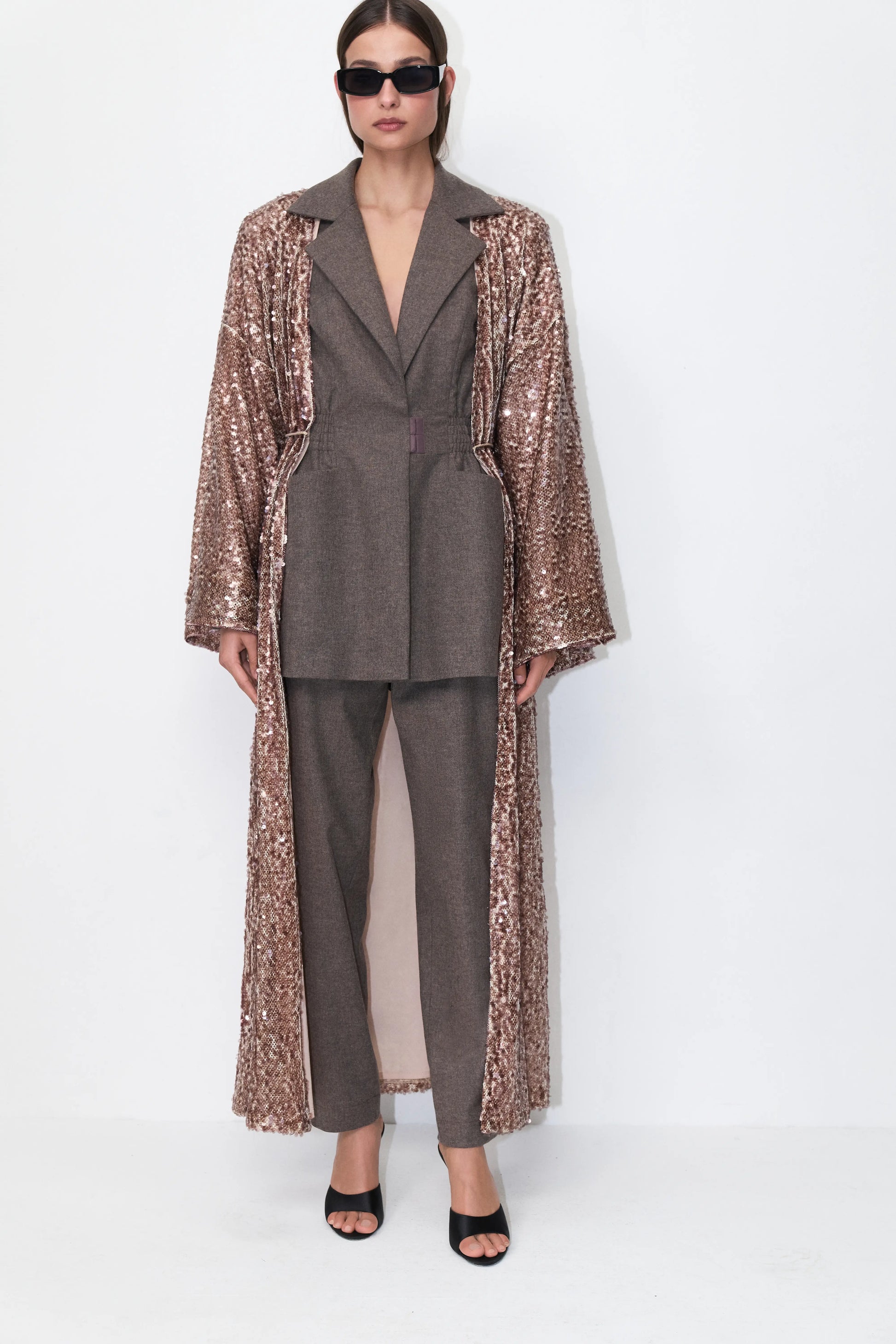 Floral-Tie Sequin Cape in Brown