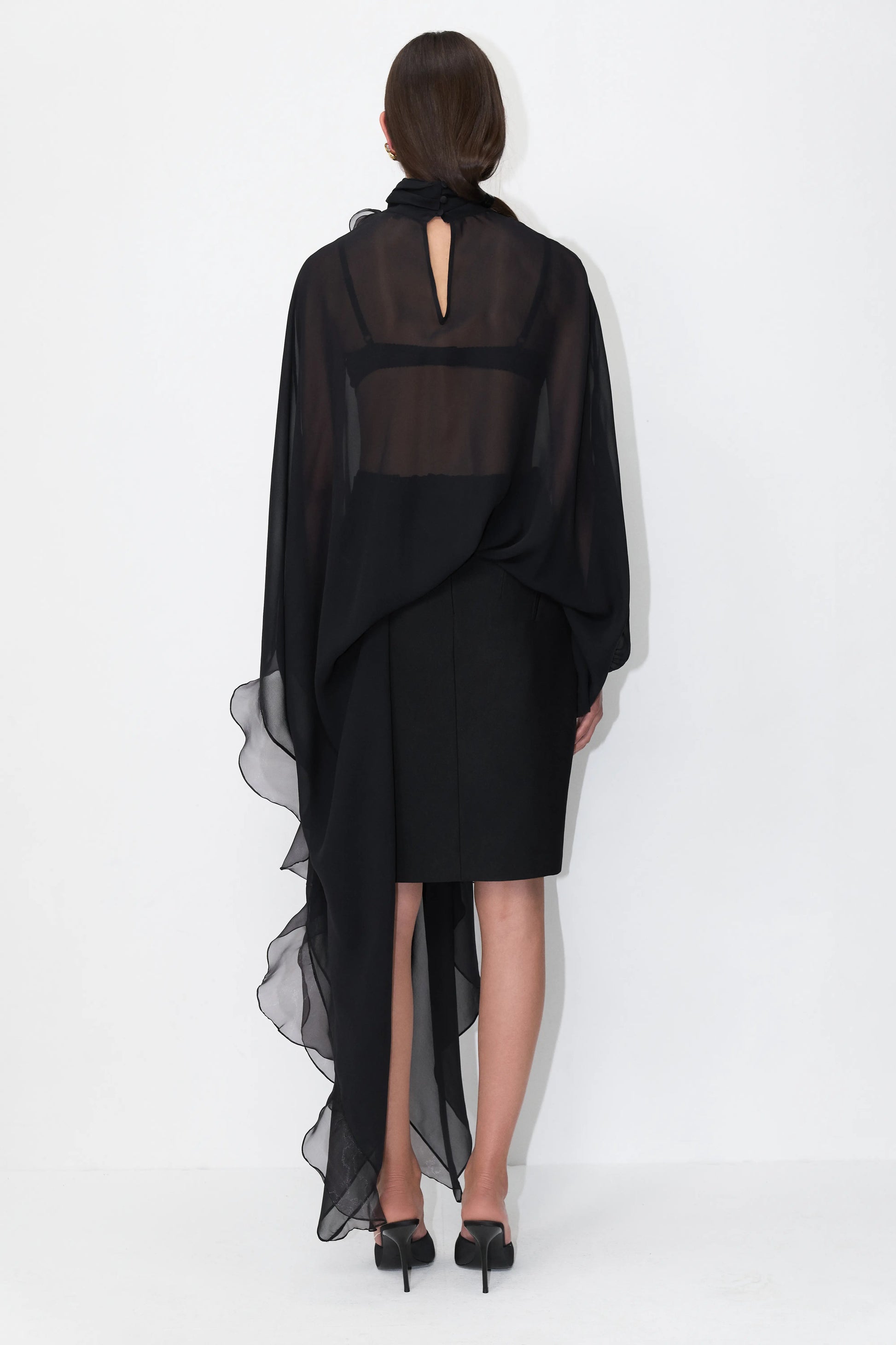 Rosette Silk Cape-Blouse in Black