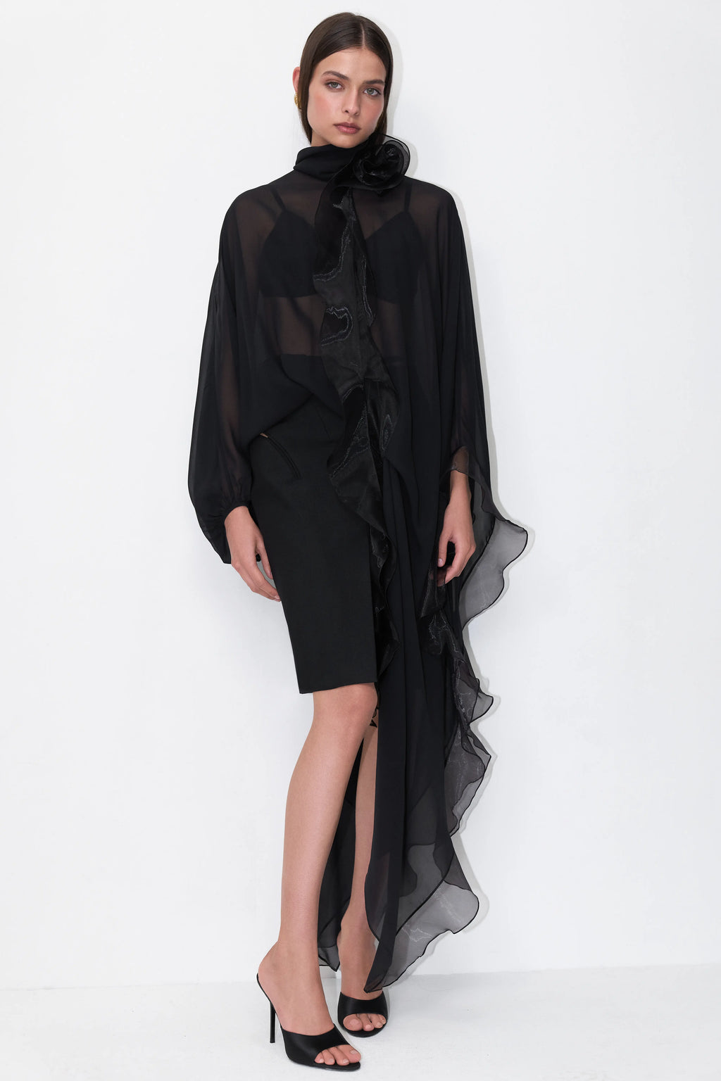 Rosette Silk Cape-Blouse in Black