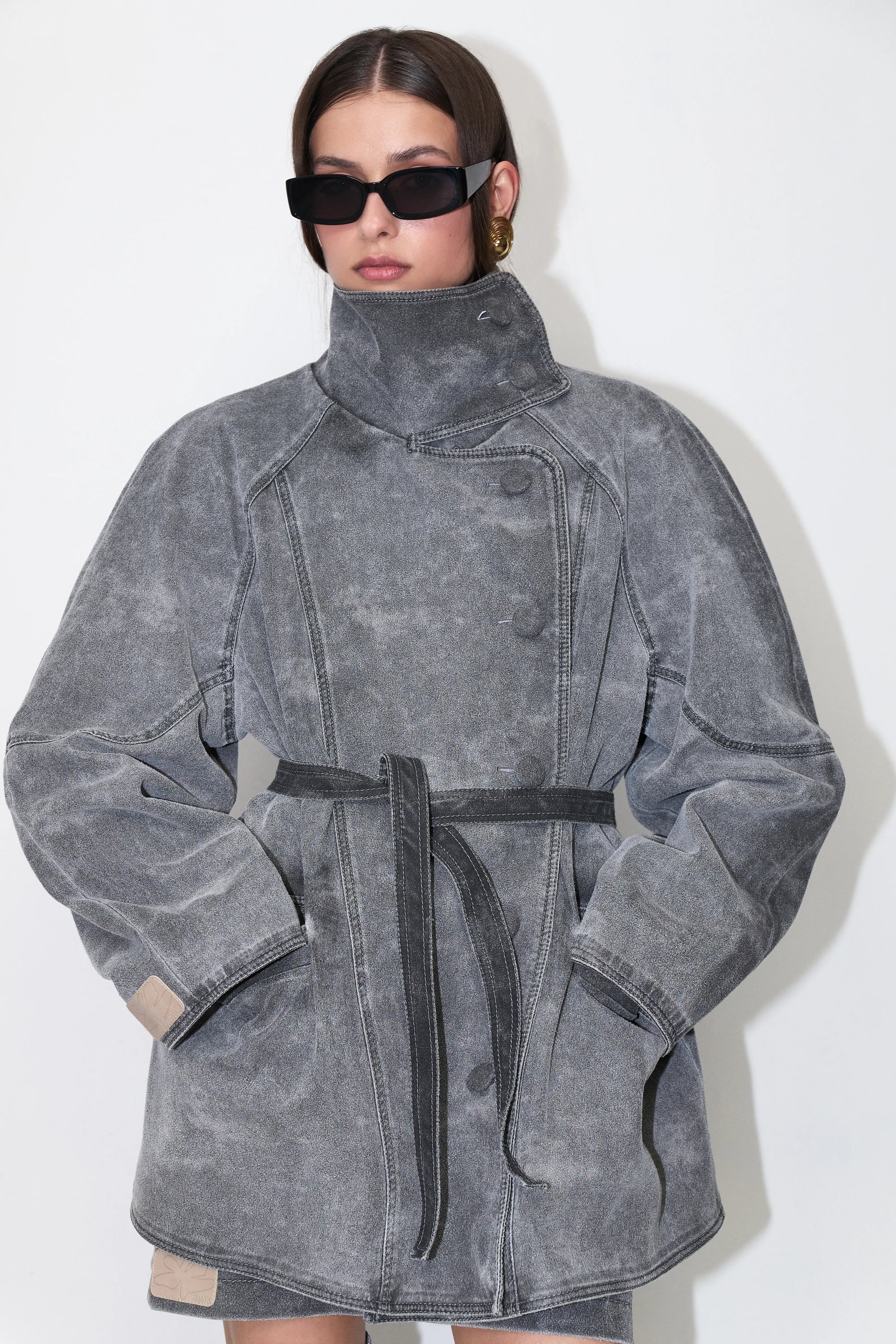 Weathered Funnel-Neck Coat in Gray