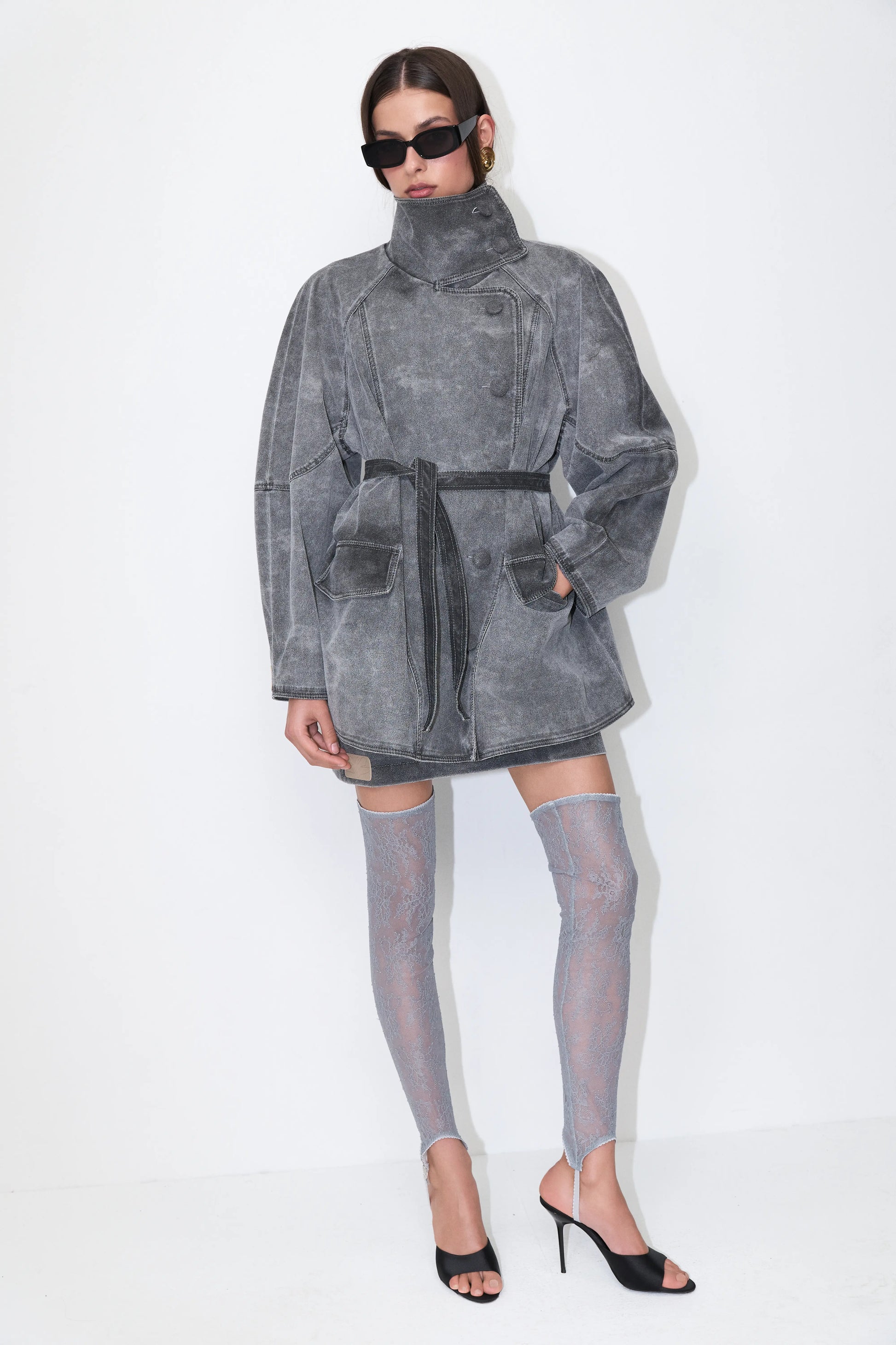Weathered Funnel-Neck Coat in Gray