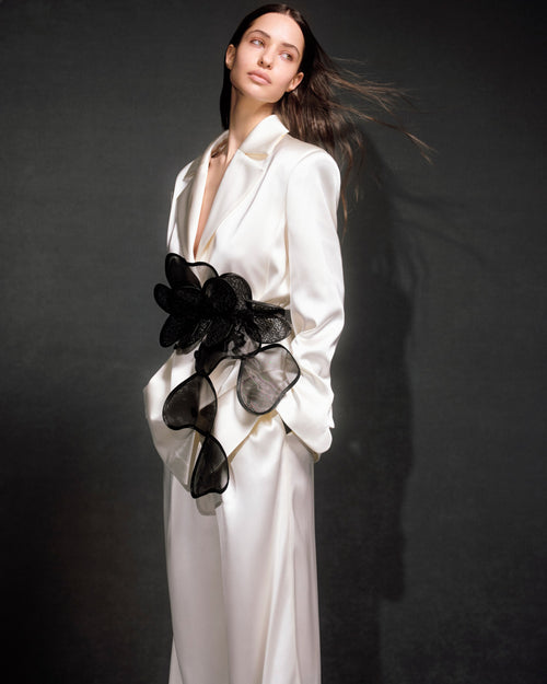 Classic jacket with floral appliqués and layered petals belt (handcrafted decor)