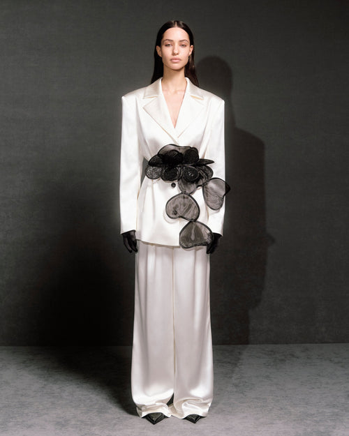 Classic Jacket With Floral Appliqués and Layered Petals Belt
