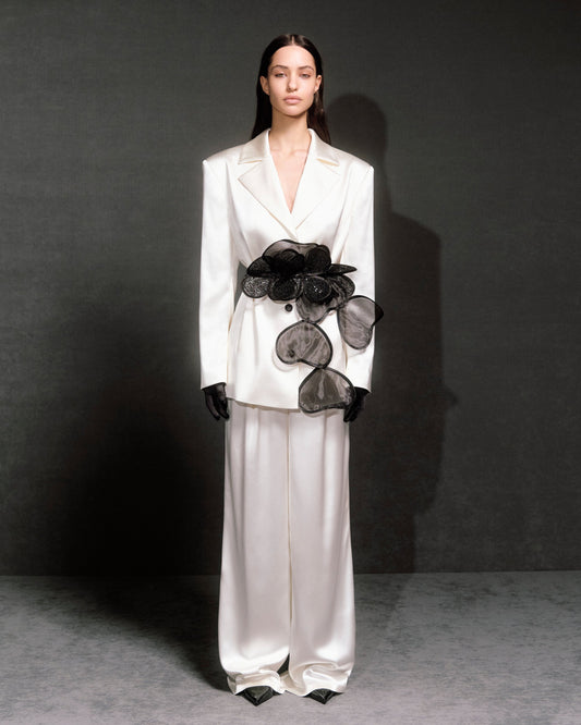 Classic Jacket With Floral Appliqués and Layered Petals Belt