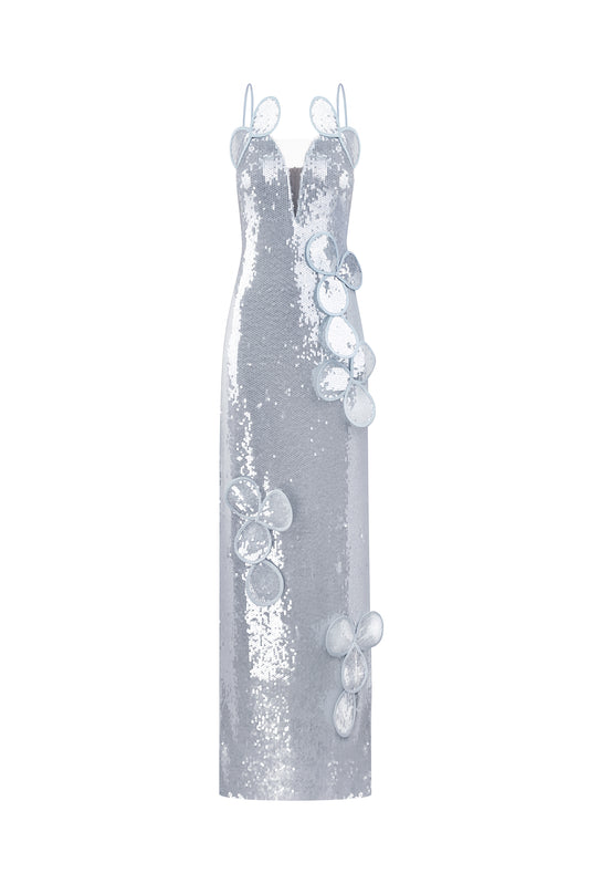 Sequin Maxi Bustier Dress With Floral Appliqués and Layered Petals