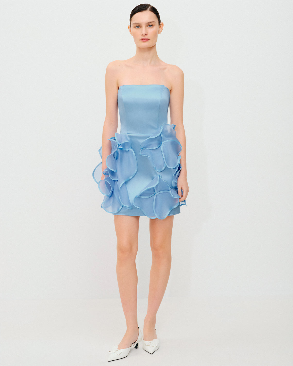 Mini dress with handmade floral details in light blue