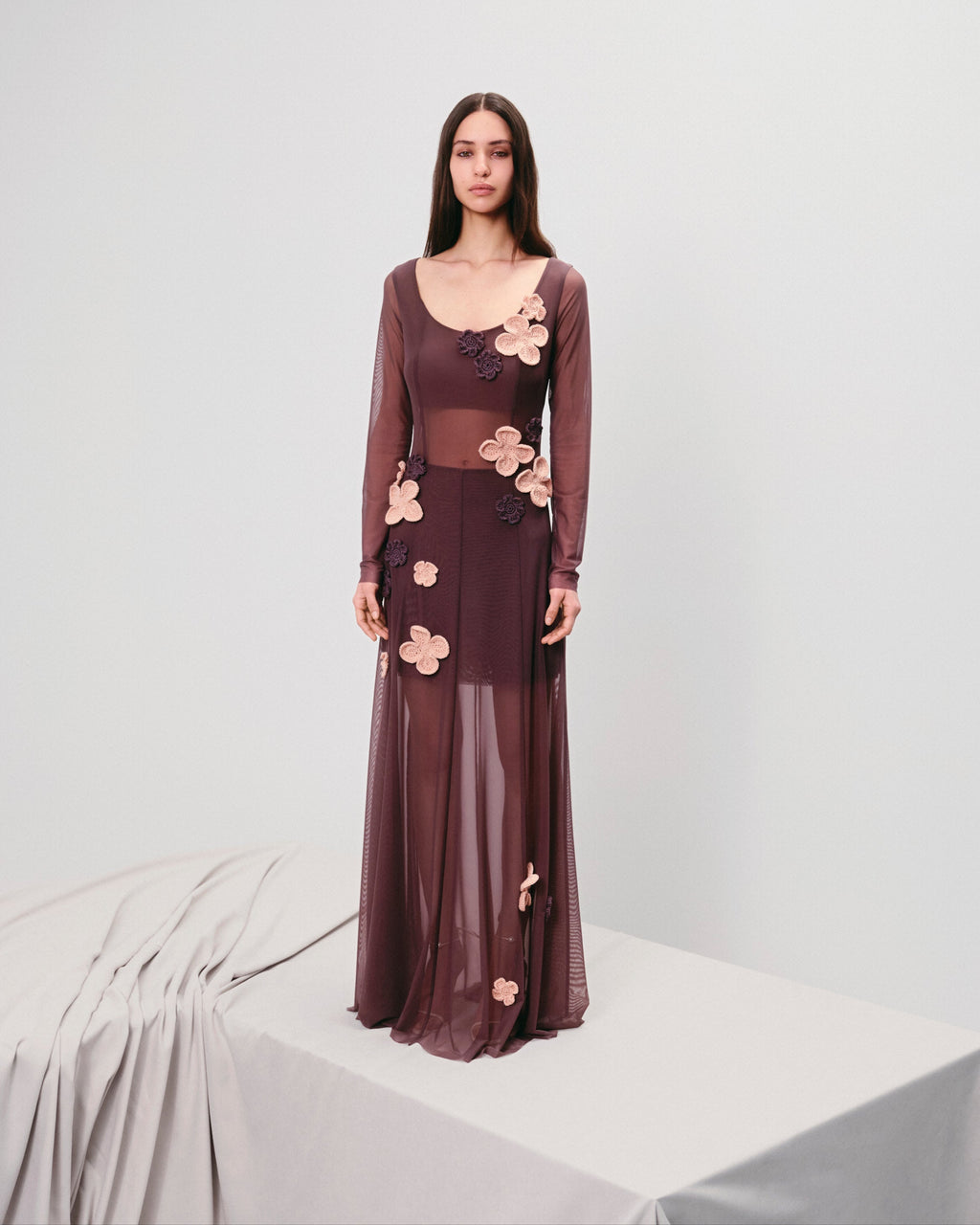 Sheer, long-sleeved dress, featuring tonal and contrast floral appliqués.