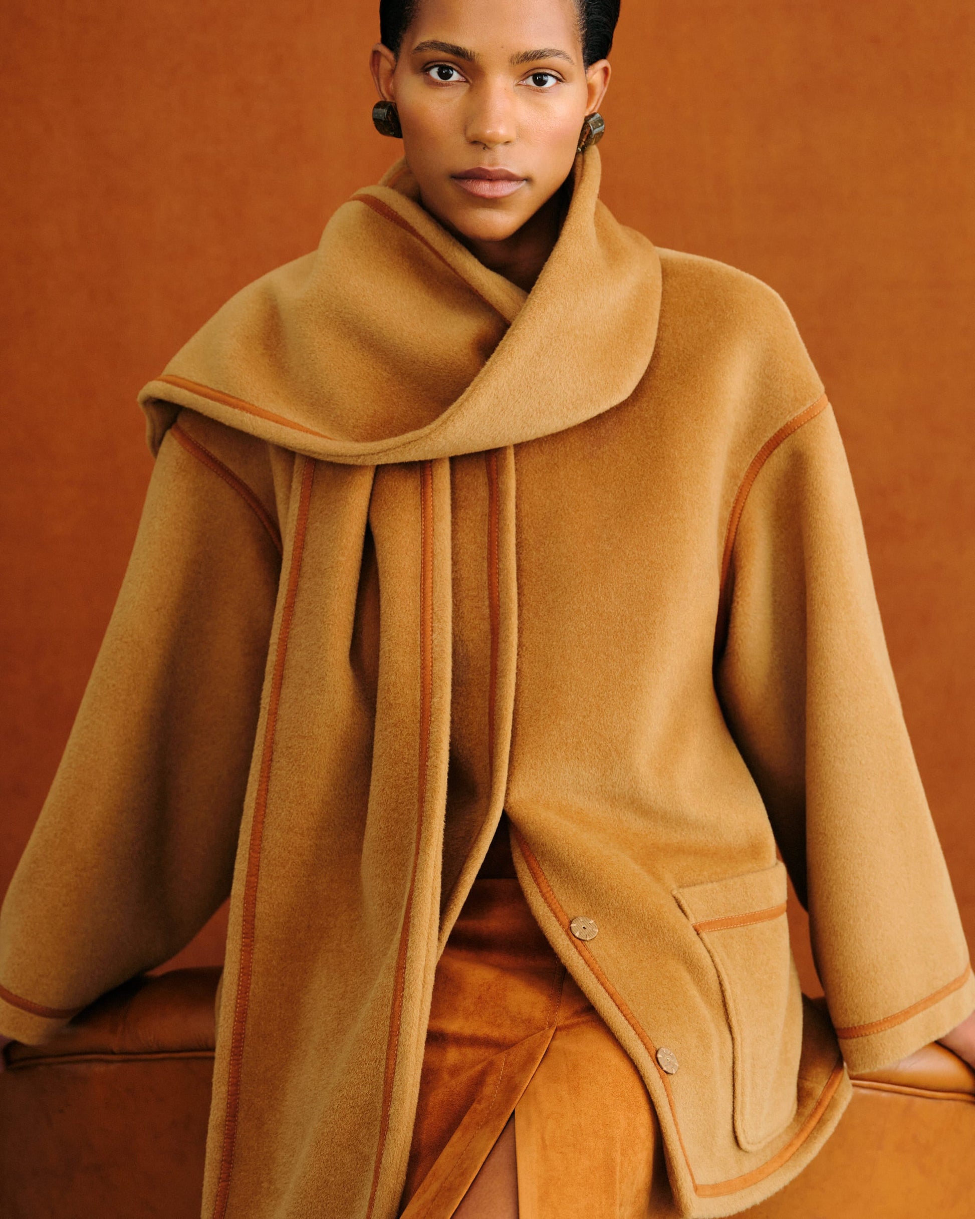 Coat with attached scarf in camel