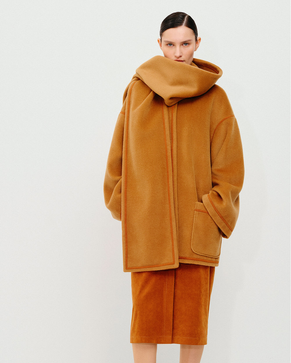 Coat with Attached Scarf in Camel