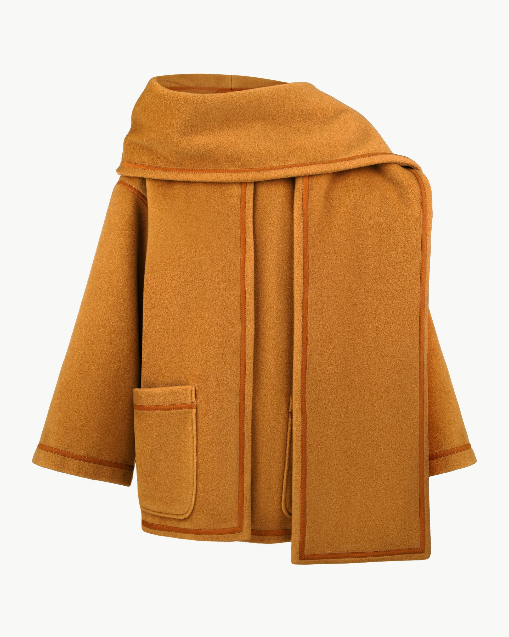 Coat with Attached Scarf in Camel