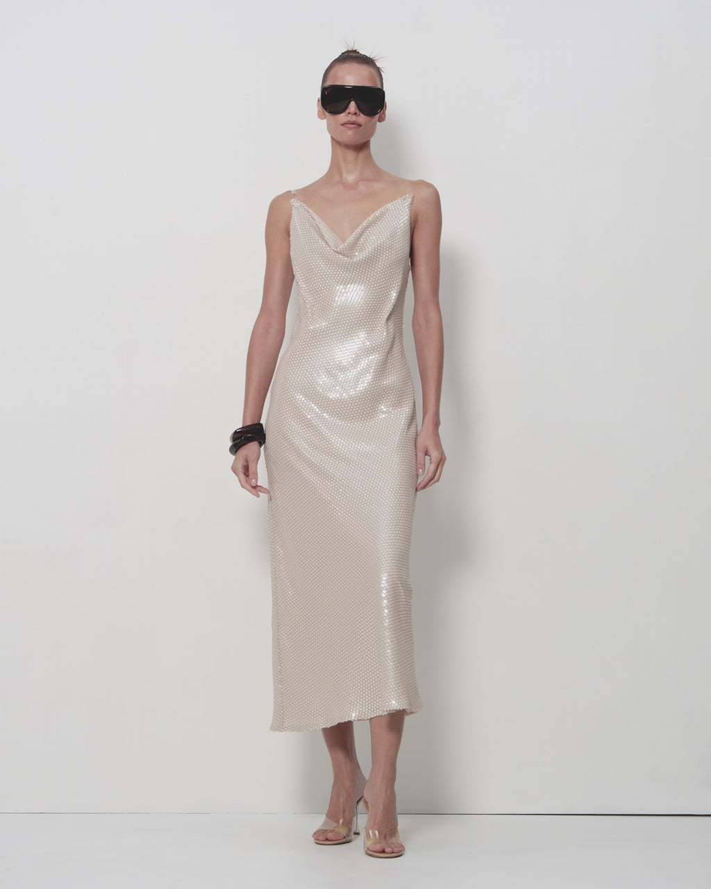 Draped Sequin Midi Slip Dress in Beige