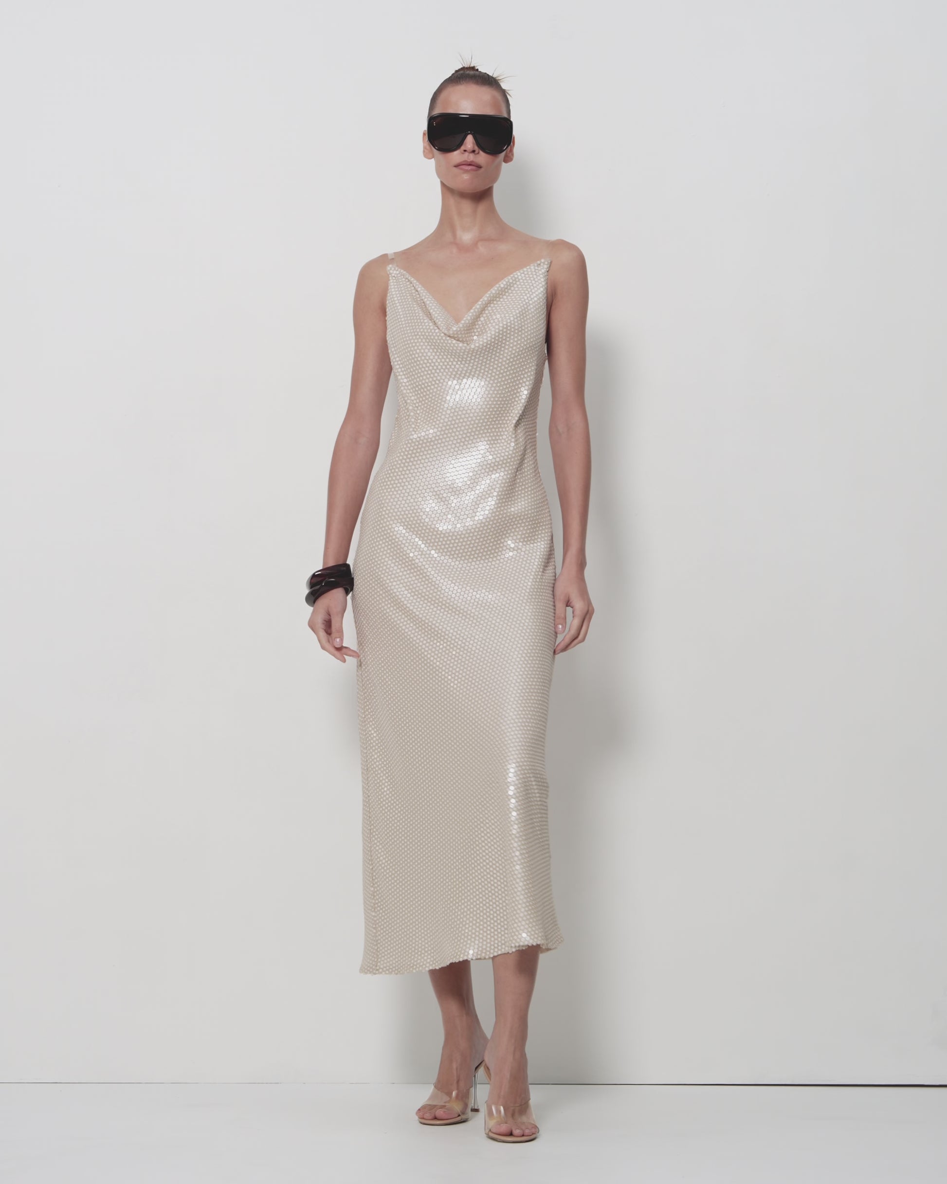 Draped Sequin Midi Slip Dress in Beige