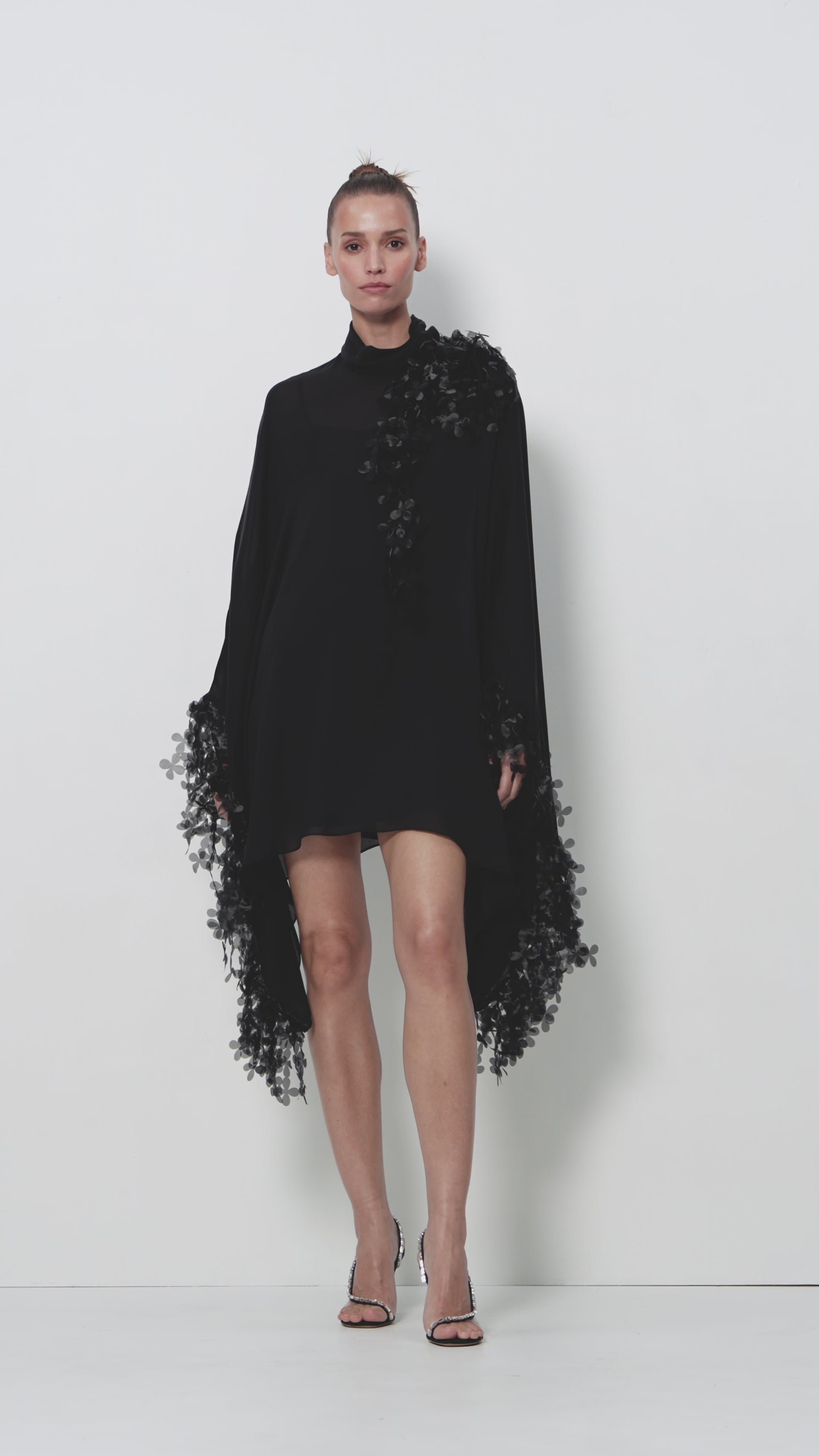 Slip Dress with Floral Appliqué Cape in Black