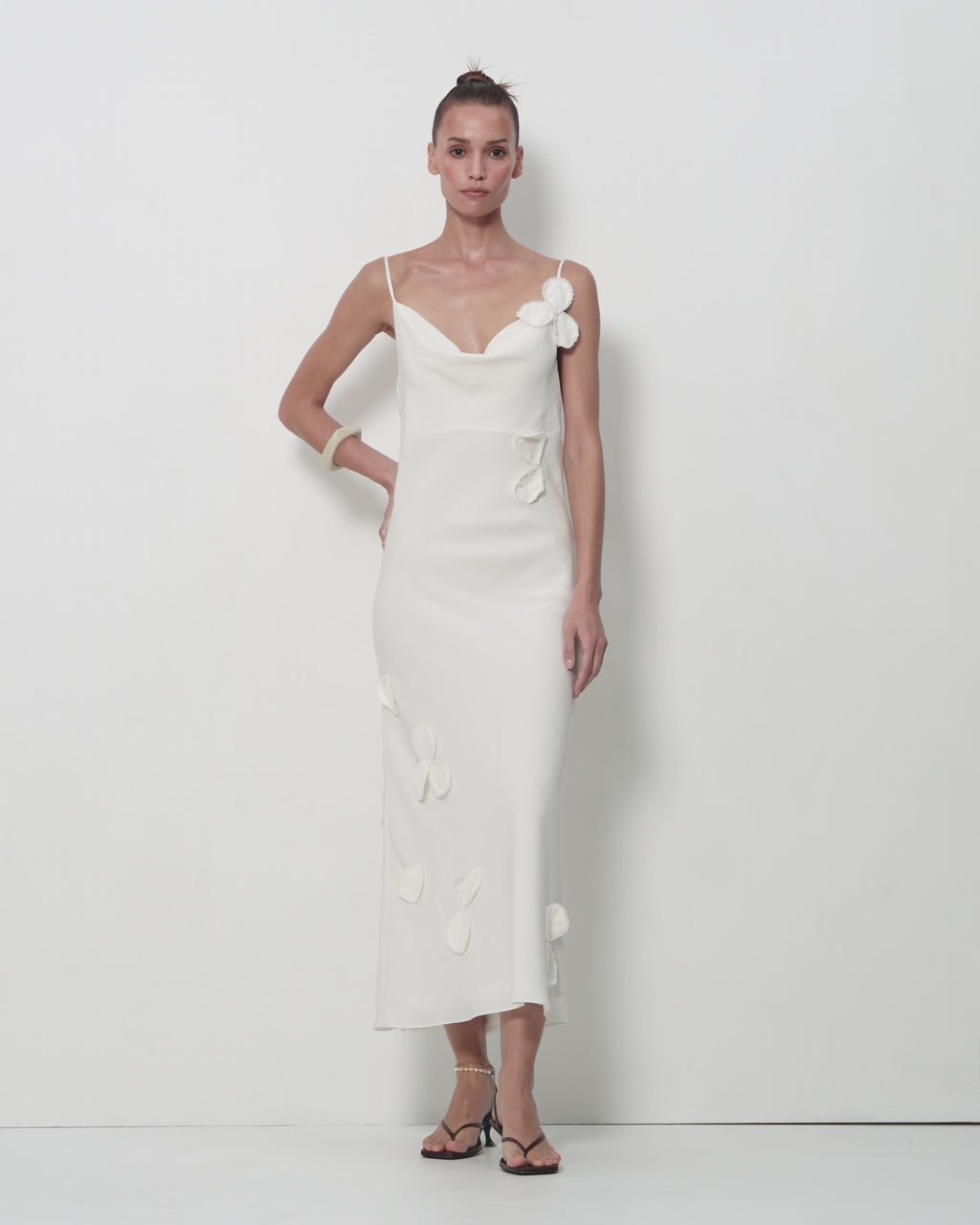 Petal-Adorned Linen-Viscose Slip Dress in Ivory