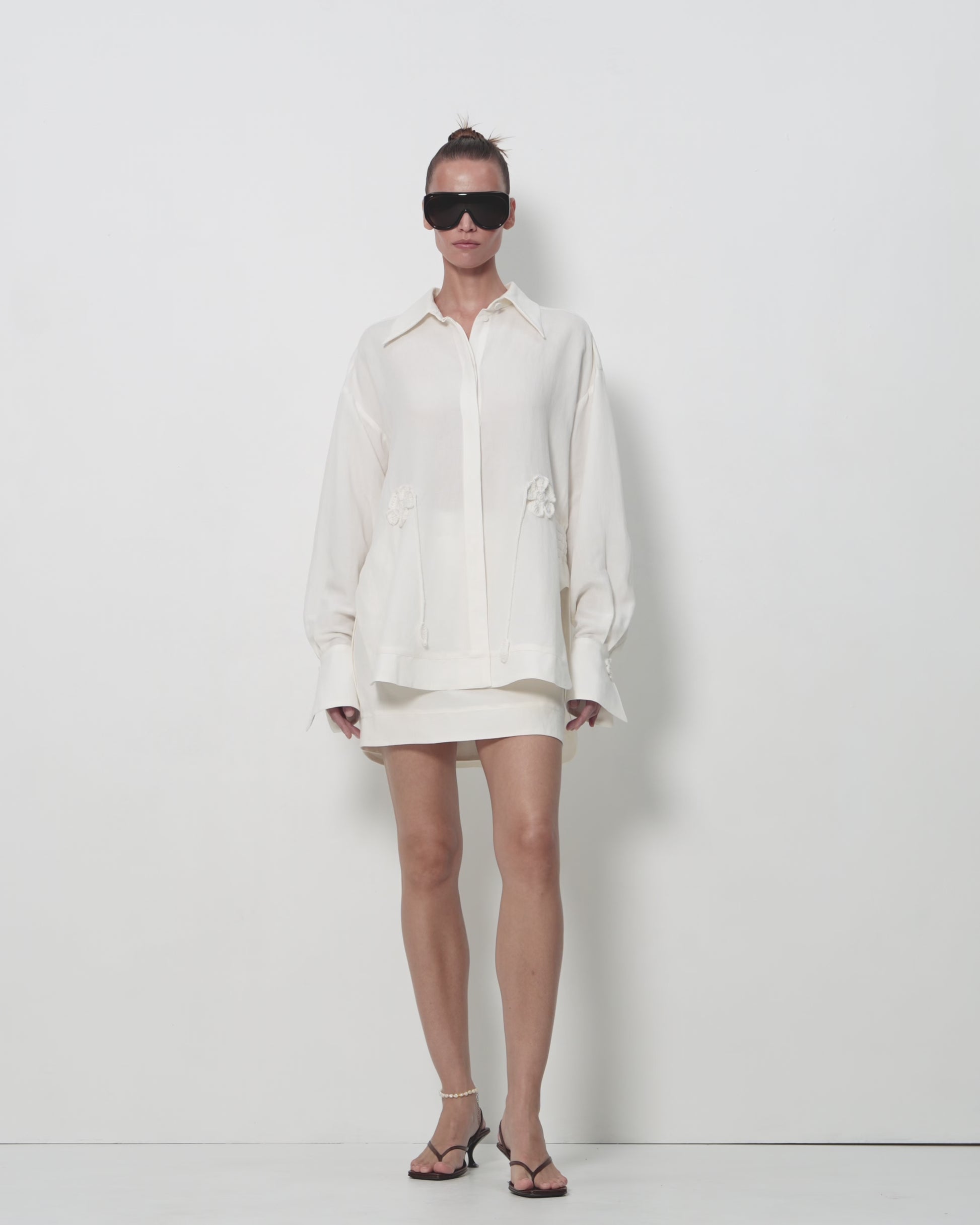 Linen-Viscose Blouse with Crochet Florals in Ivory