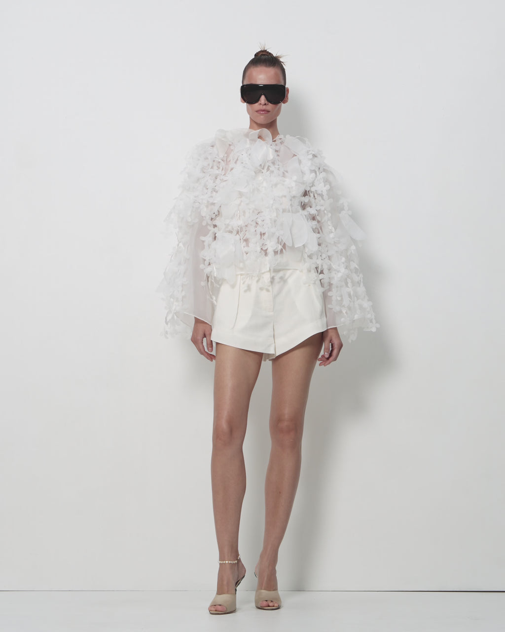 Voluminous Sheer Floral-Appliqué Blouse in White
