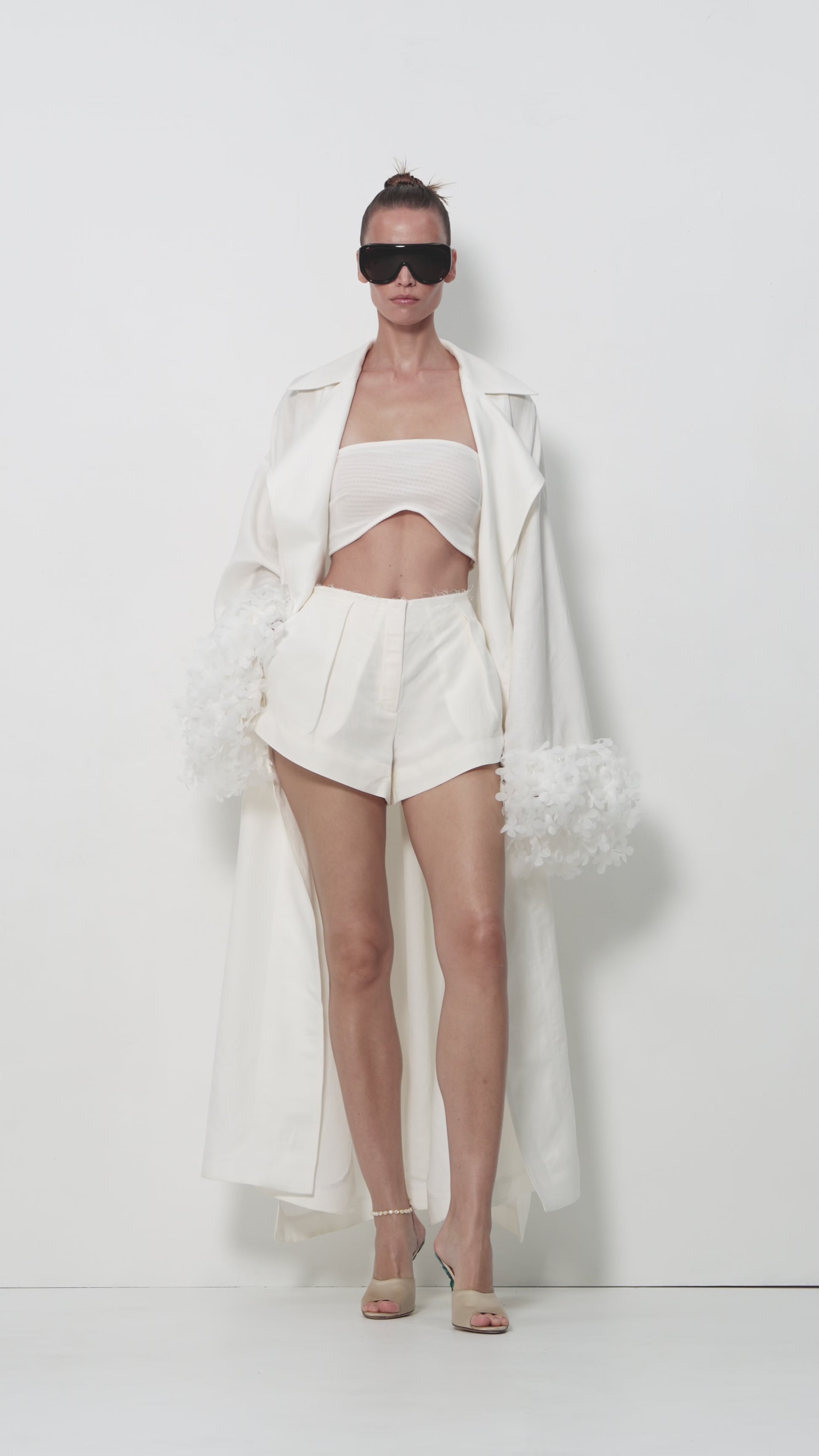 Floral-Sleeve Cape Trench Coat in Ivory