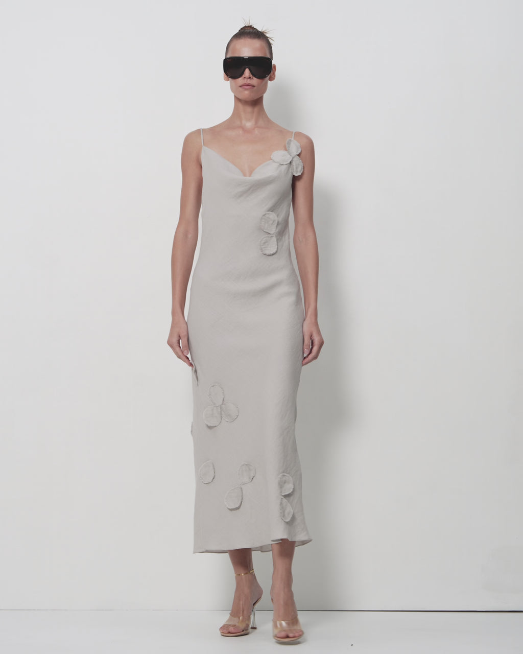 Petal-Adorned Midi Slip Dress in Gray