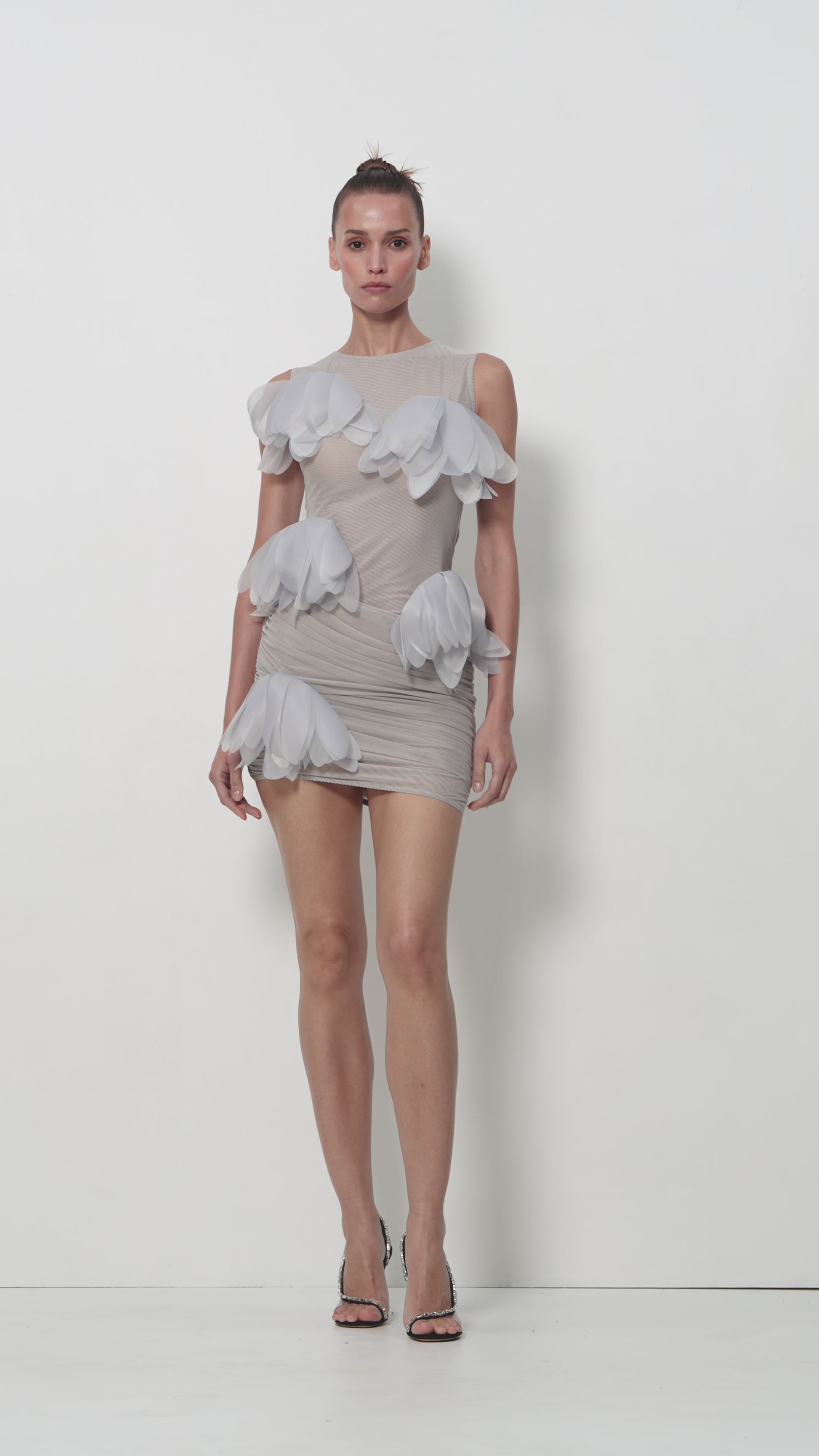 Ruched Mesh Mini Dress with 3D Florals in Gray