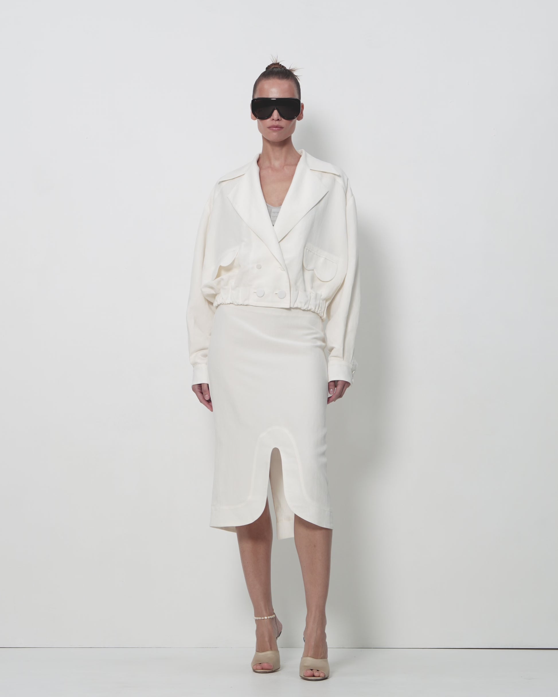 Cropped Linen Blazer with Architectural Pockets in Ivory