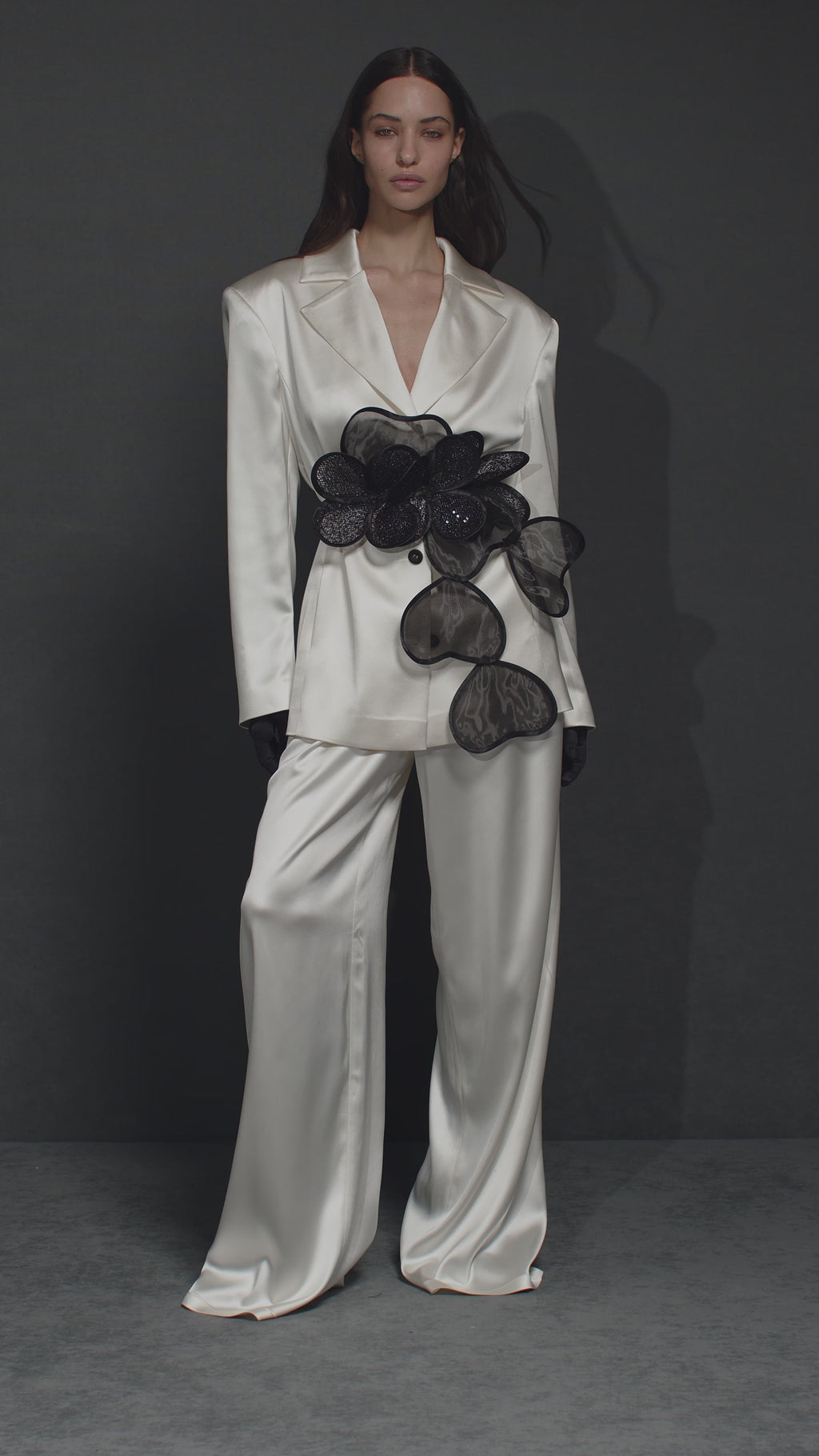 Classic Jacket With Floral Appliqués and Layered Petals Belt