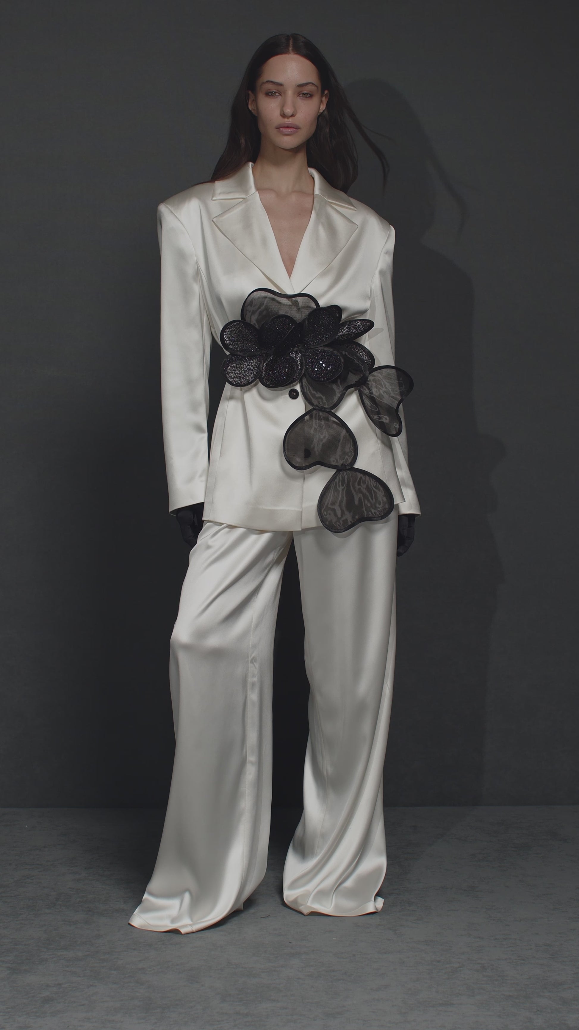 Classic Jacket With Floral Appliqués and Layered Petals Belt