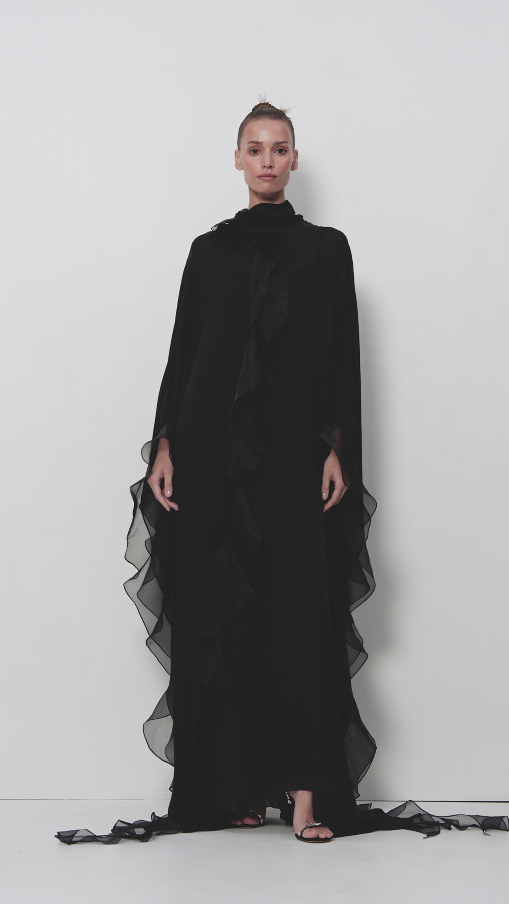 Slip Dress with Floral Ruffle Cape in Black