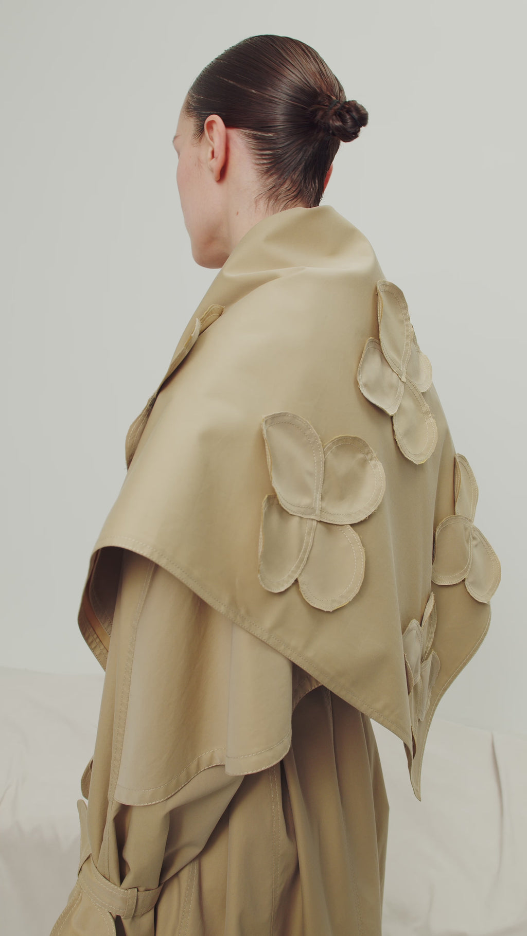 Relaxed Trench Coat With Detachable Scarf and Floral Appliqués