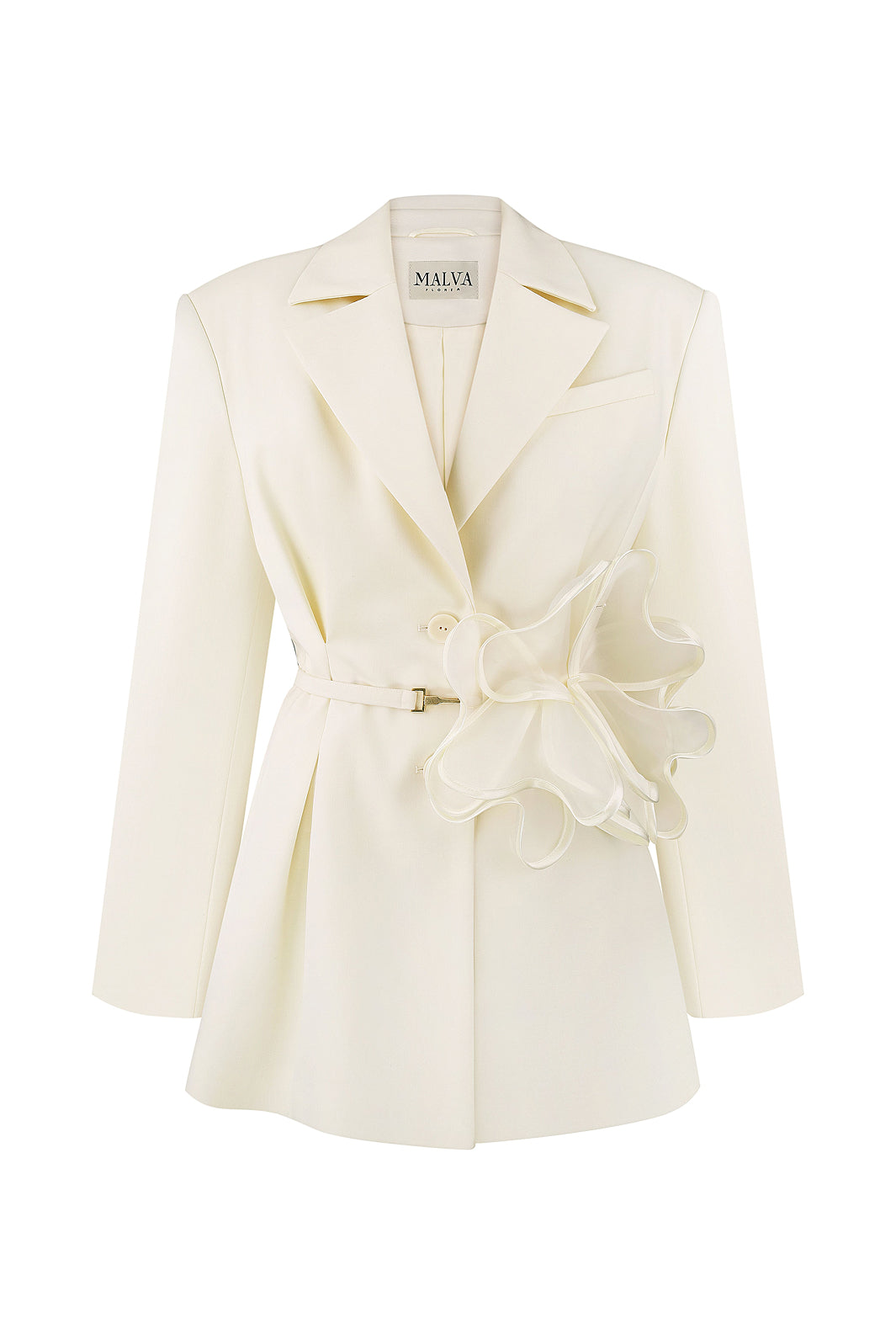Fitted Single-Breasted Jacket with Decorative Belt in Milk