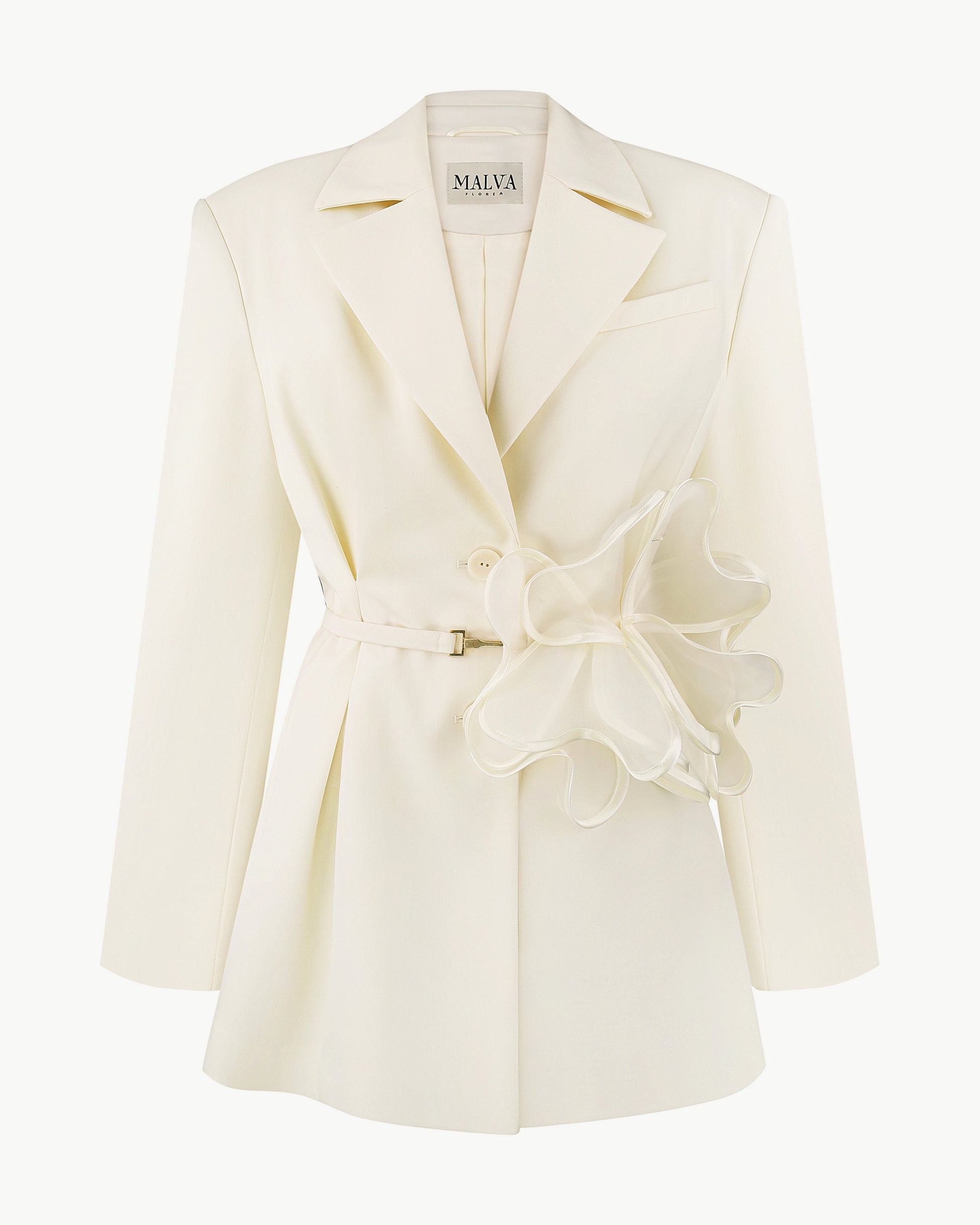 Fitted Single-Breasted Jacket with Decorative Belt in Milk