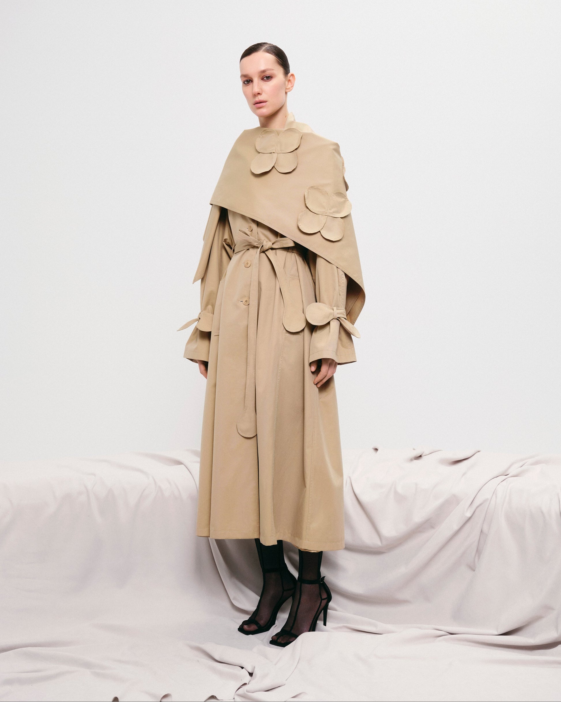Relaxed Trench Coat With Detachable Scarf and Floral Appliqués