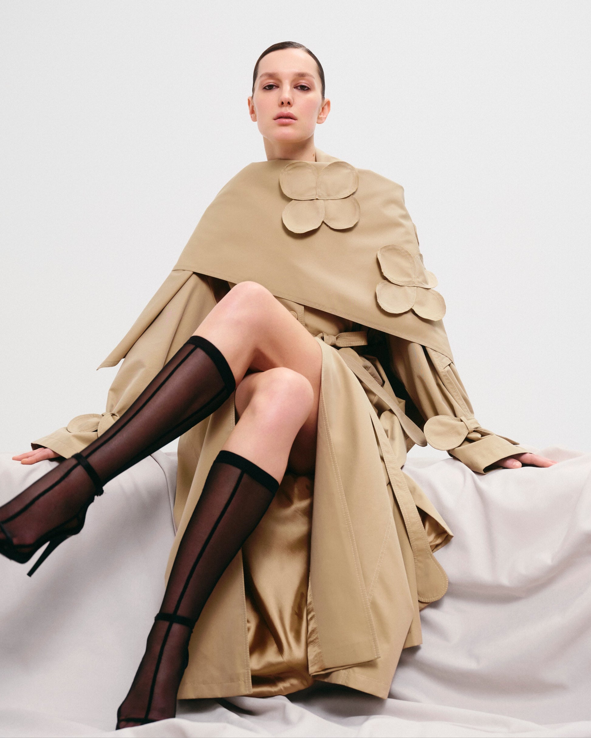 Relaxed Trench Coat With Detachable Scarf and Floral Appliqués