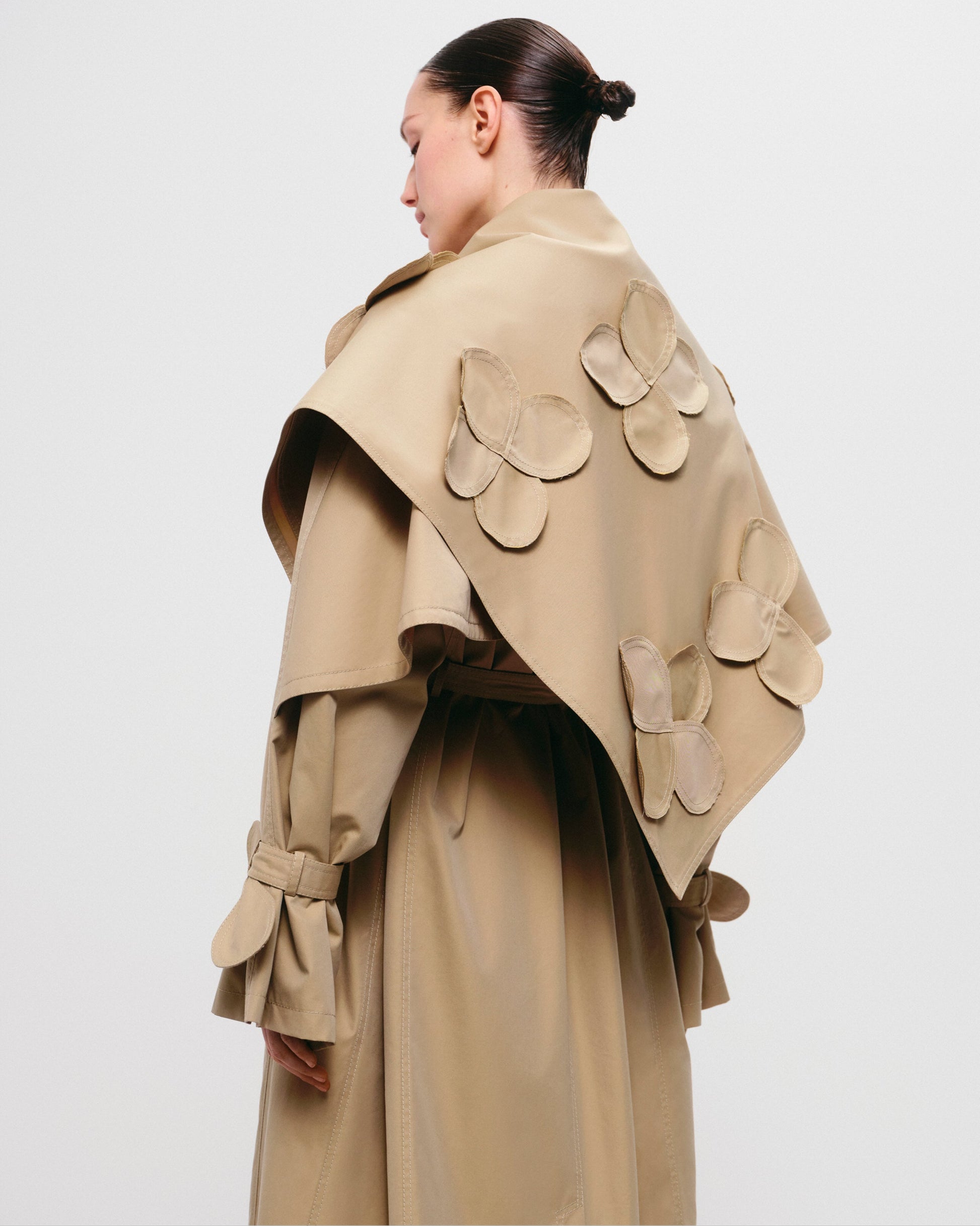 Relaxed Trench Coat With Detachable Scarf and Floral Appliqués