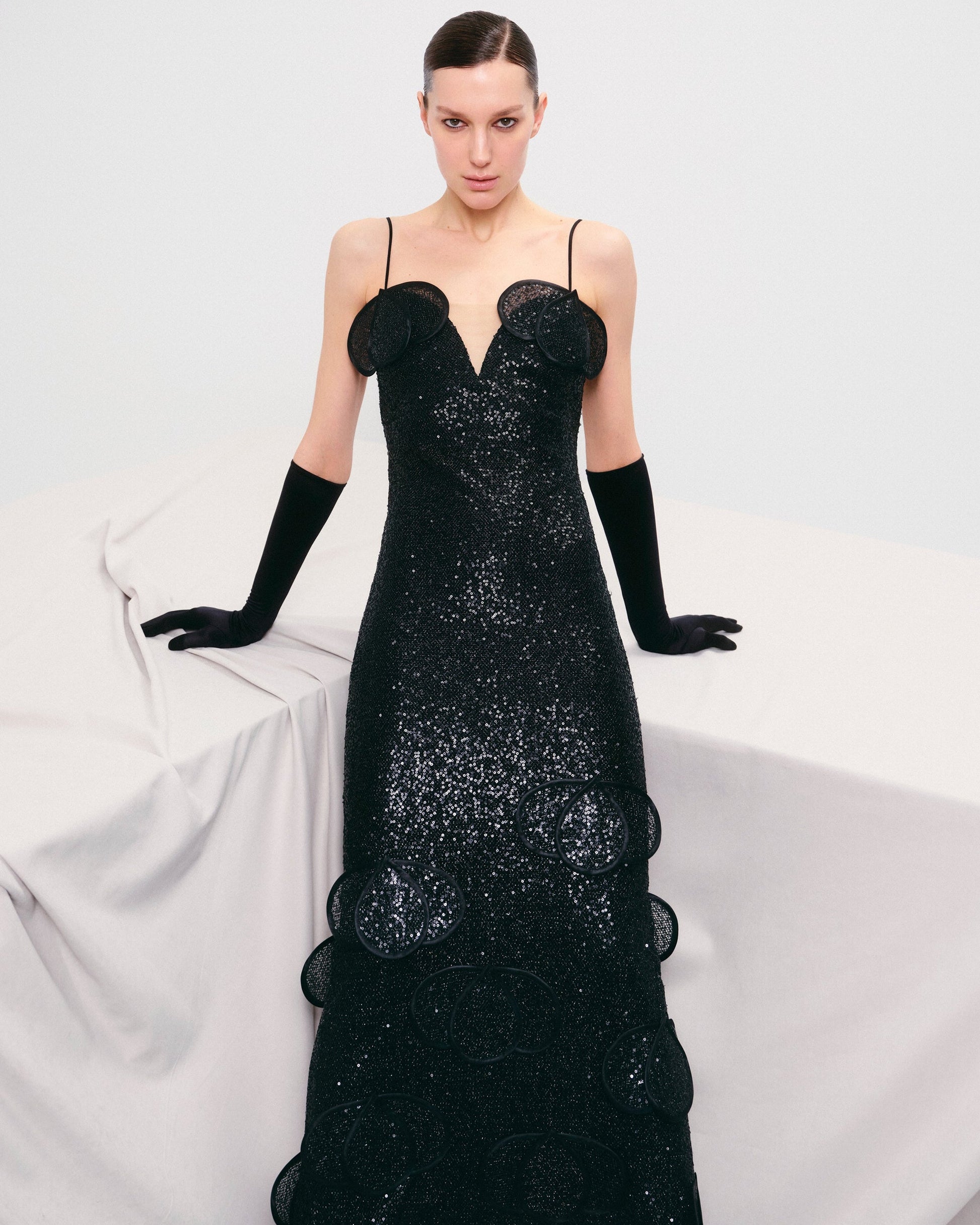 Sequin Maxi Bustier Dress With Floral Appliqués and Layered Petals