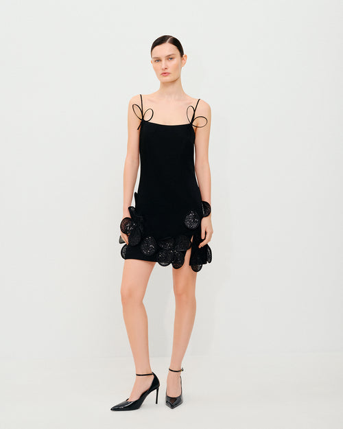 Black Mini Dress with Floral Decorative Elements and Straps