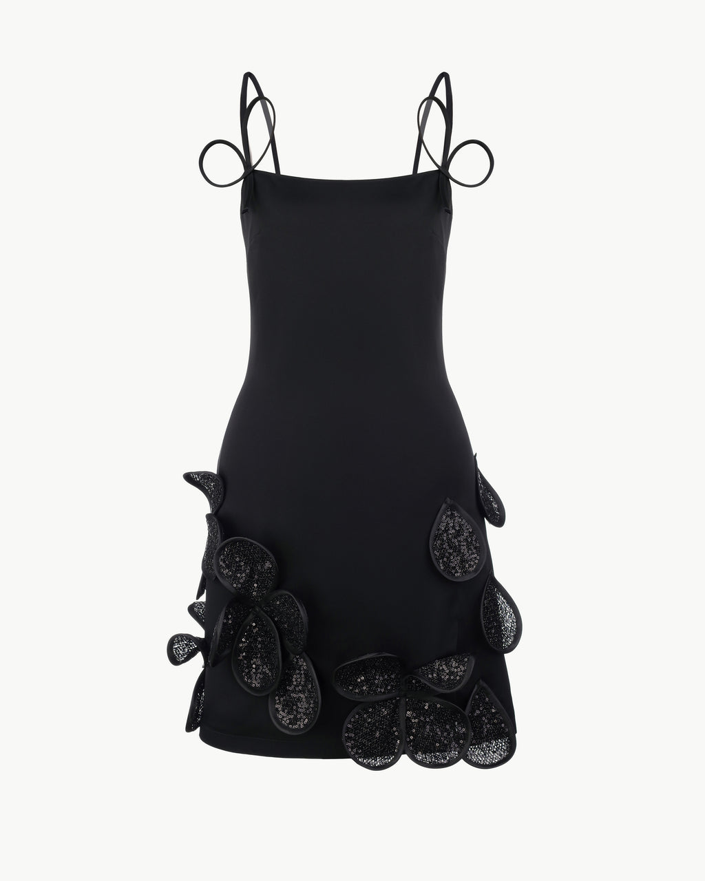 Black Mini Dress with Floral Decorative Elements and Straps