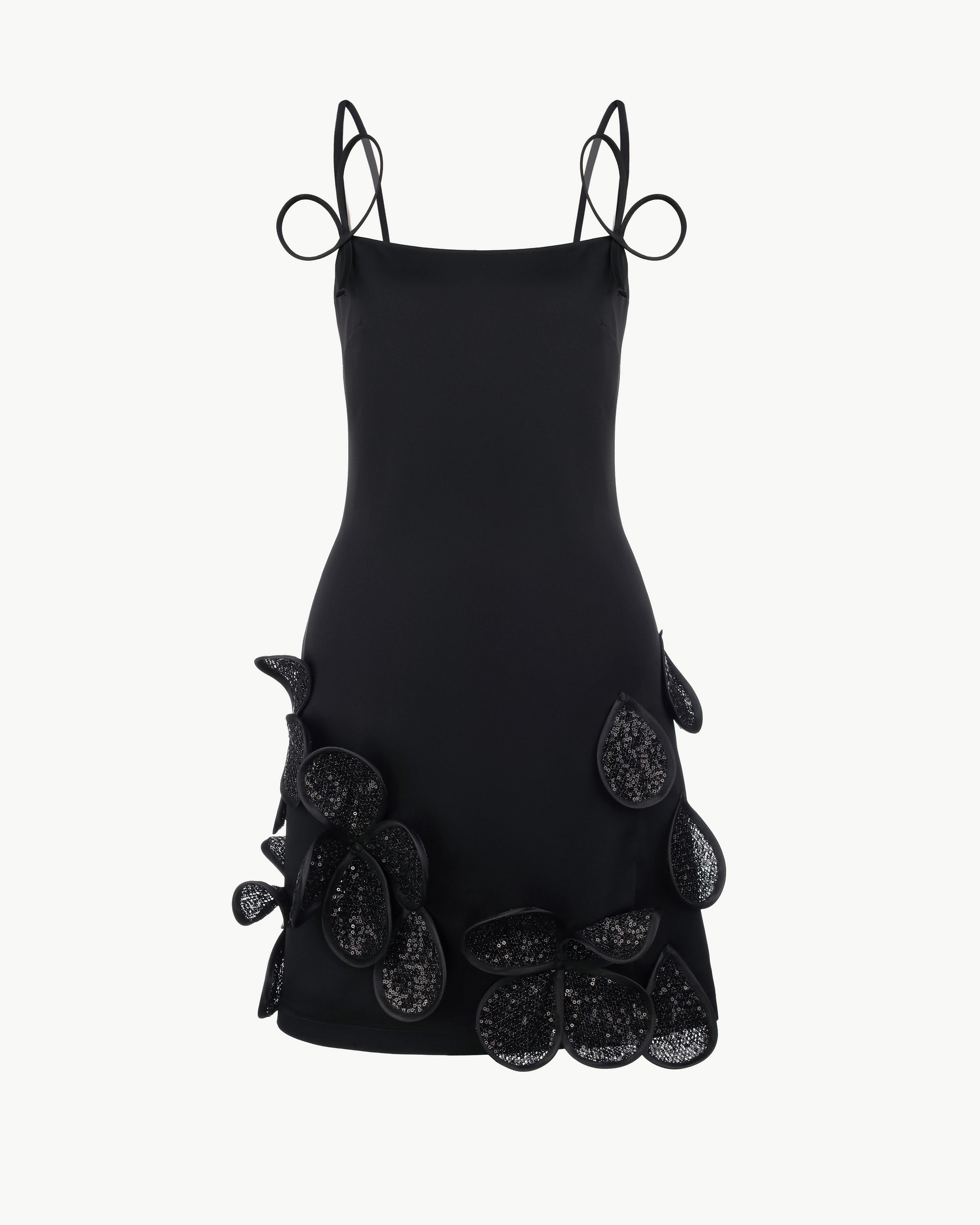 Black Mini Dress with Floral Decorative Elements and Straps