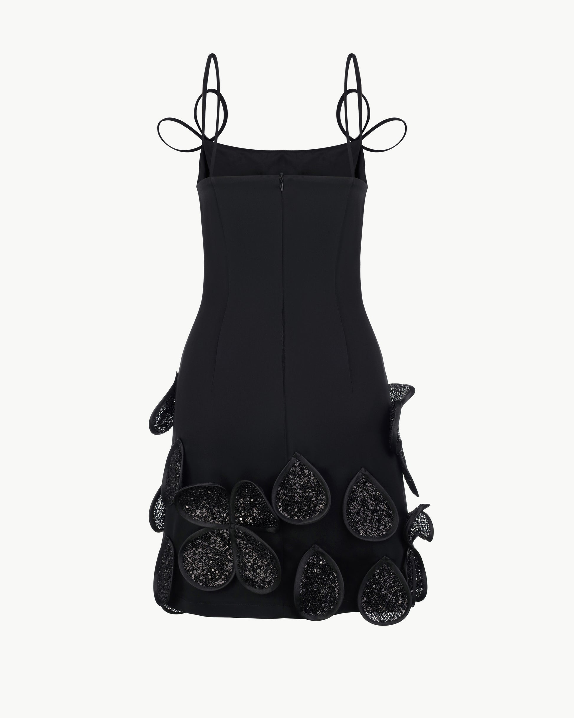 Black Mini Dress with Floral Decorative Elements and Straps