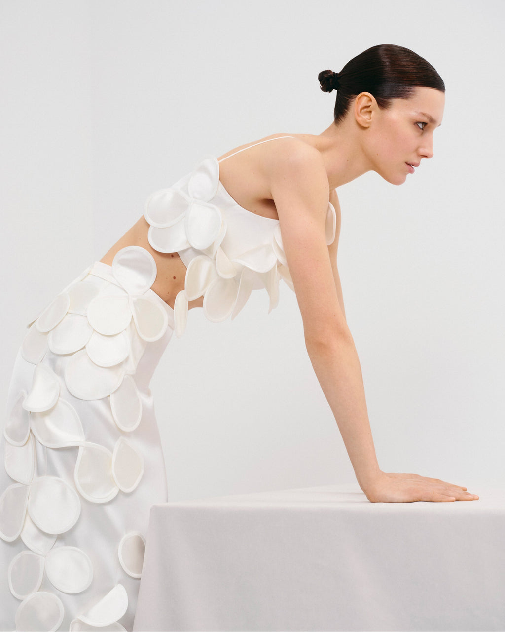 Wedding-style mini top featuring decorative floral appliqués (handcrafted decor).